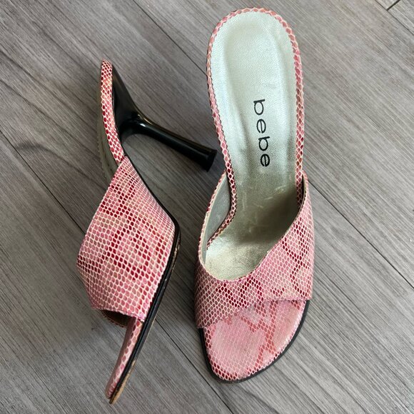 Y2K Bebe Pink Snakeskin Print Open Toe Leather Heels Size W6.5 - Picture 1 of 6